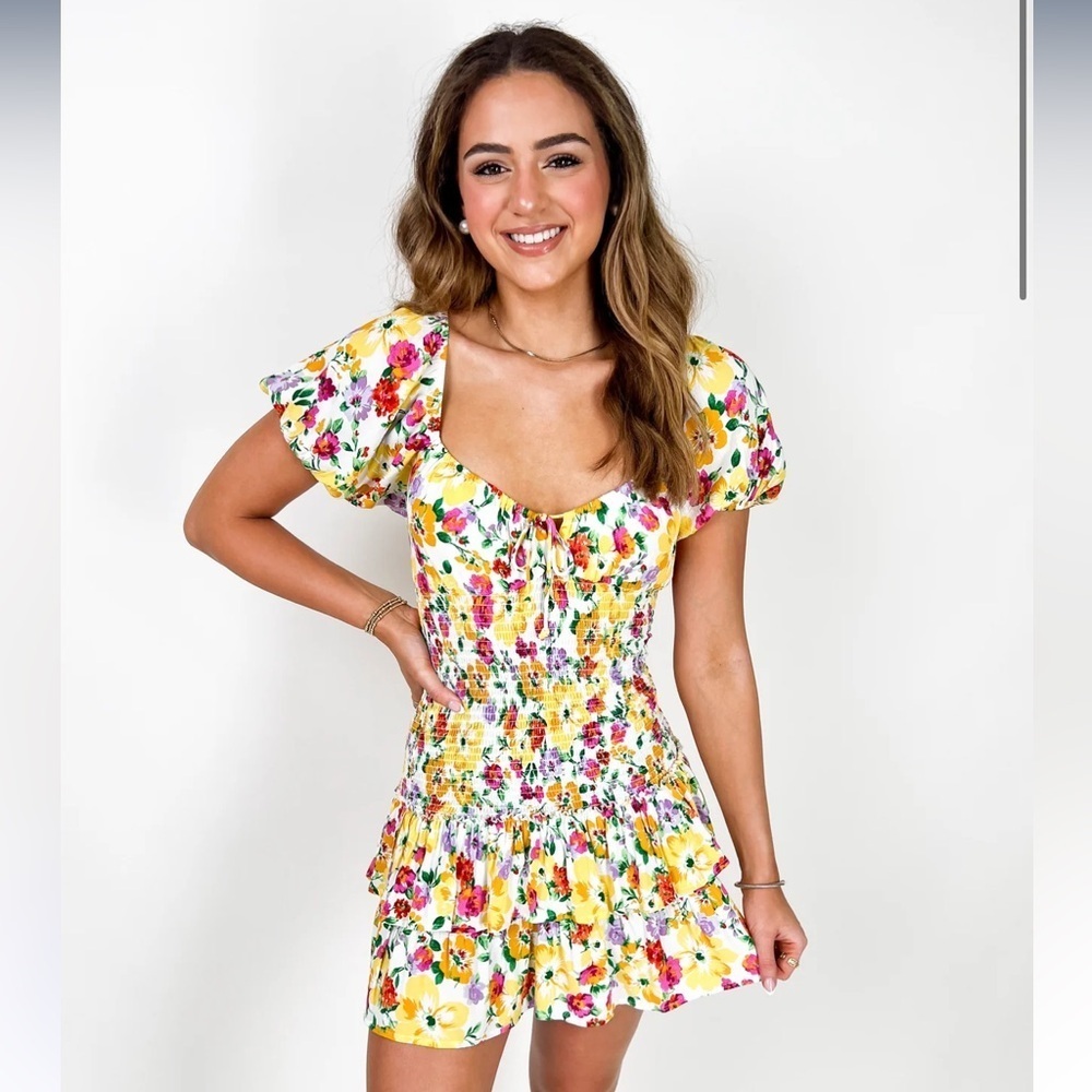 FLOWER PATCH SMOCKED RUFFLE MINI DRESS - Picture 2 of 7